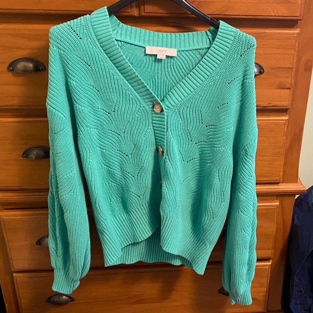 LOFT Green Open-Knit V-Neck Button Cardigan